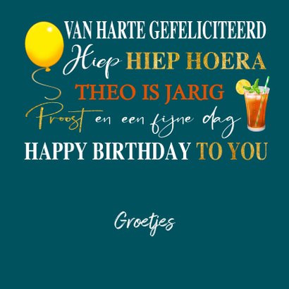 Verjaardagskaart met teksten, gebak en drankjes 3