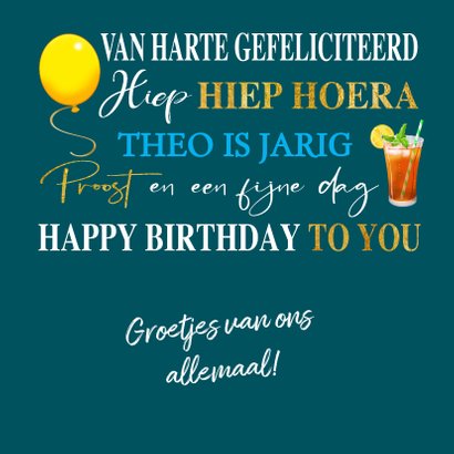 Verjaardagskaart met teksten, gebak en drankjes 3