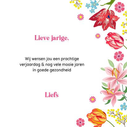 Verjaardagskaart met tulpen en kleurrijke bloemen 3
