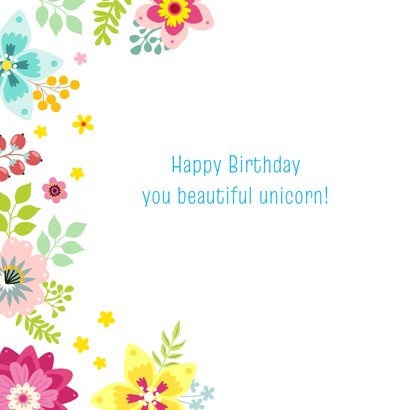 Verjaardagskaart met unicorn en bloemen 2