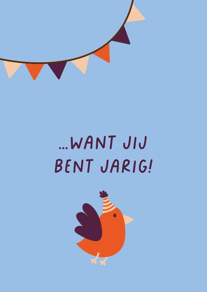 Verjaardagskaart met vogeltje dat de slingers ophangt 2