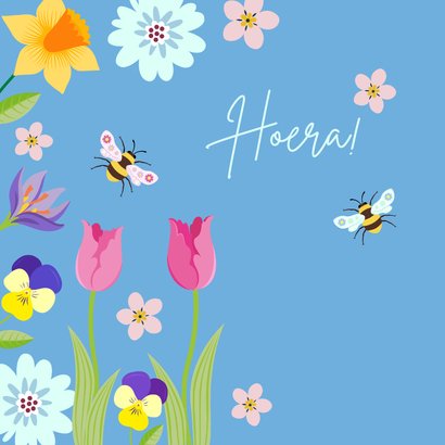 Verjaardagskaart met voorjaarsbloemen en bijen 2