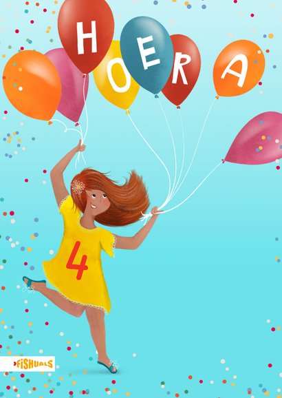 Verjaardagskaart met vrolijk meisje en ballonnen 2
