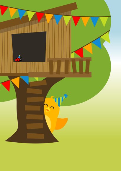 verjaardagskaart met vrolijk oranje vogeltje in boomhut 2