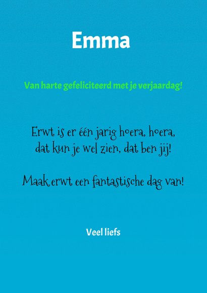 Verjaardagskaart met vrolijk springende erwten 3