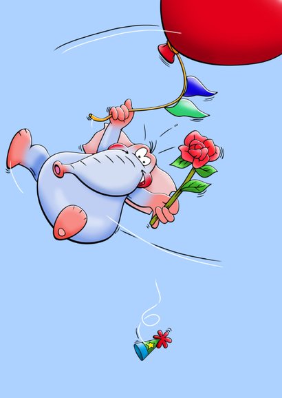 Verjaardagskaart met zwevende olifant en ballon als hart 3