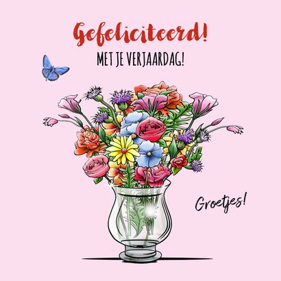 Verjaardagskaart muisje grote vaas bloemen 3