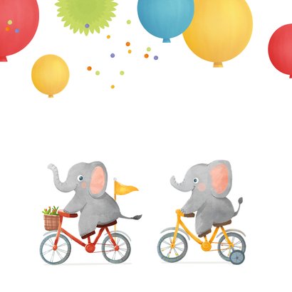 Verjaardagskaart olifant fiets ballonnen confetti kind 2