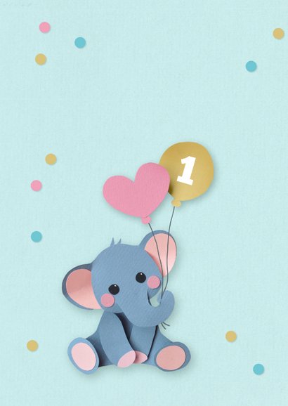 Verjaardagskaart olifantje met ballonnen 1 jaar 2