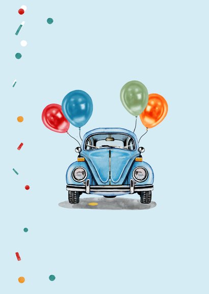 Verjaardagskaart oude kever met ballonnen 2