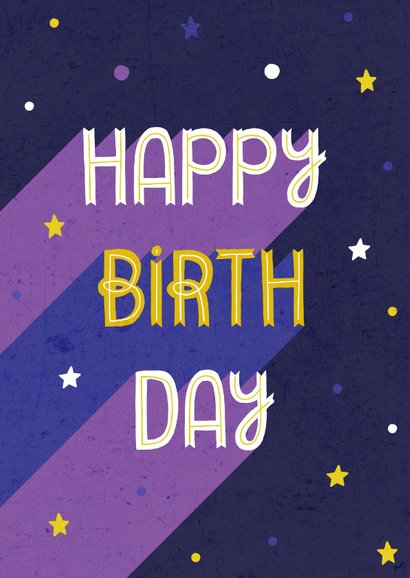Verjaardagskaart paars retro typografisch met sterren 2
