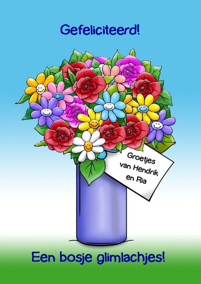 Verjaardagskaart poes met 2 kleurrijke bossen bloemen 3