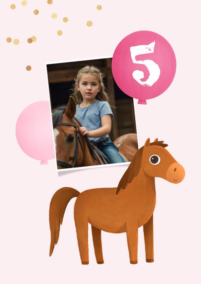 Verjaardagskaart pony ballonnen confetti kind roze 2