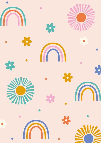 Verjaardagskaart retro met bloemen en regenbogen 2