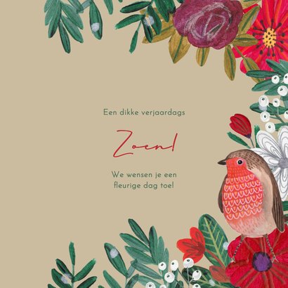 Verjaardagskaart rode bloemen met roodborstje 3