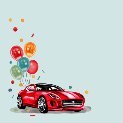 Verjaardagskaart rode sportauto met ballonnen 2