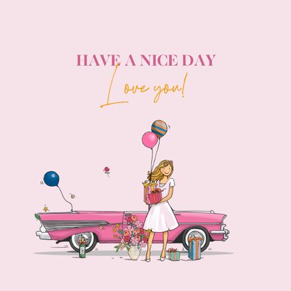 Verjaardagskaart roze auto met hippe vrouw 3