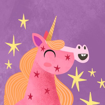 Verjaardagskaart roze eenhoorn met sterren 2