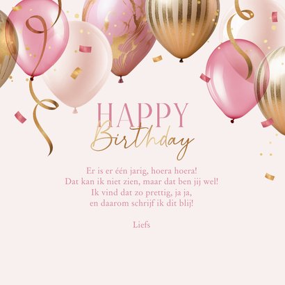 Verjaardagskaart roze goud ballonnen confetti slingers 3