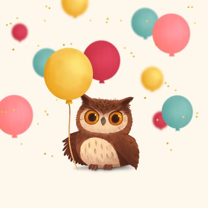 Verjaardagskaart roze grappig uil oehoe ballonnen confetti 2