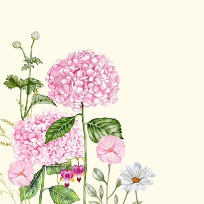 Verjaardagskaart roze hortensia's in de tuin 2