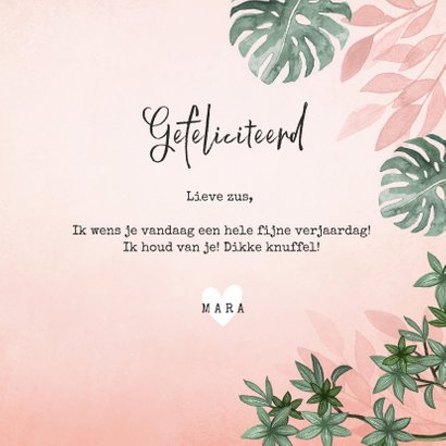 Verjaardagskaart roze jungle botanisch vrouw jarig hartje 3