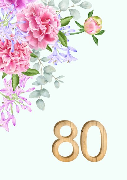 Verjaardagskaart roze pioenen 80 in hout 2