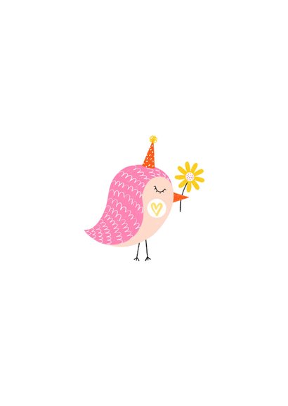Verjaardagskaart roze vogel met bloem en kado 2
