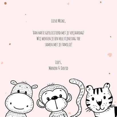 Verjaardagskaart safari dieren met confetti in roze 3