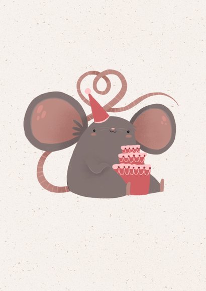 Verjaardagskaart schattige muis met feesthoedje en taart 2