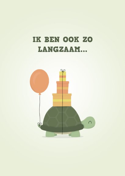 Verjaardagskaart schildpad met ballon en cadautjes te laat 2