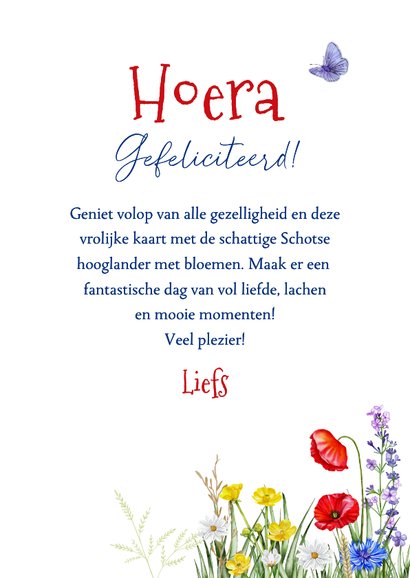 Verjaardagskaart Schotse hooglander met veldbloemen 3