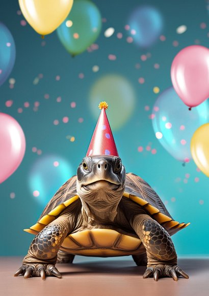 Verjaardagskaart te laat sloom schildpad ballonnen confetti 2