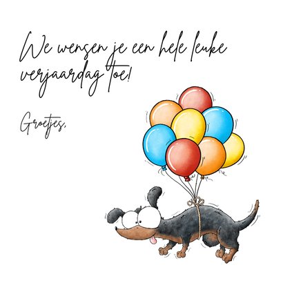 Verjaardagskaart teckel hond aan ballonnen 3