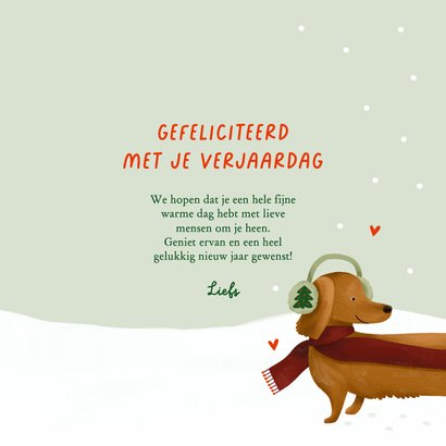 Verjaardagskaart teckel sjaal winter hartjes 3