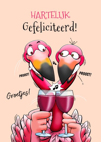 Verjaardagskaart twee flamingo's met wijn 3