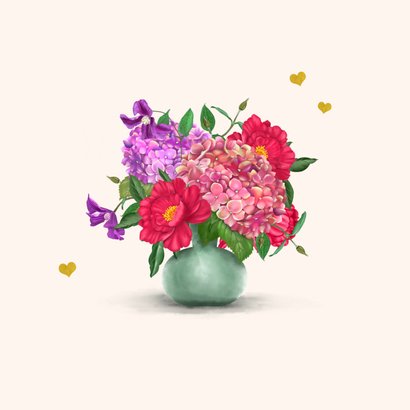 Verjaardagskaart vaas met bloemen rood-paars 2