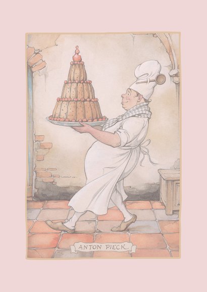 Verjaardagskaart van Anton Pieck bakker met grote taart 2
