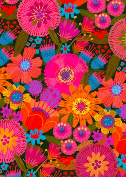 Verjaardagskaart veld met lentebloemen knalkleuren 2