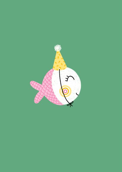 Verjaardagskaart vis feestmuts ballon roze groen 2