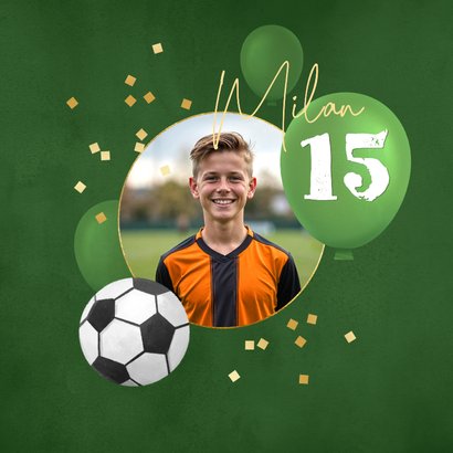 Verjaardagskaart voetbal gepromoveerd ballonnen jarige 2