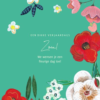 Verjaardagskaart vogel op tak en bloemen turquoise 3