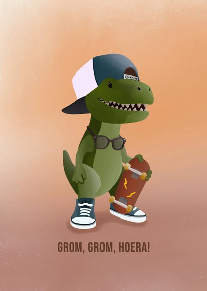 Verjaardagskaart voor broer met stoere dino en skateboard 2