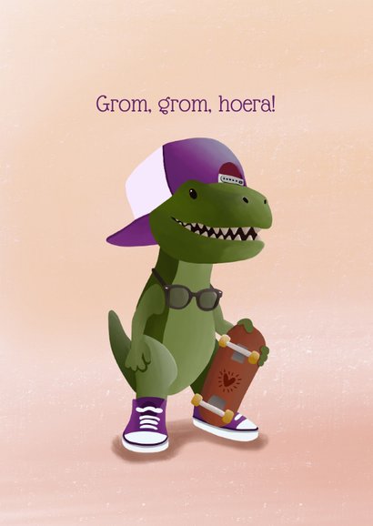 Verjaardagskaart voor dochter stoere dino en skateboard 2