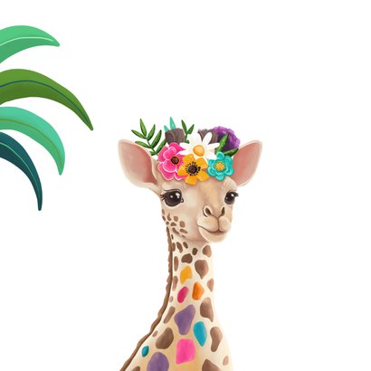 Verjaardagskaart voor een vrouw met giraffe en bloemen 2