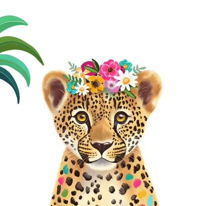 Verjaardagskaart voor een vrouw met luipaard en bloemen 2