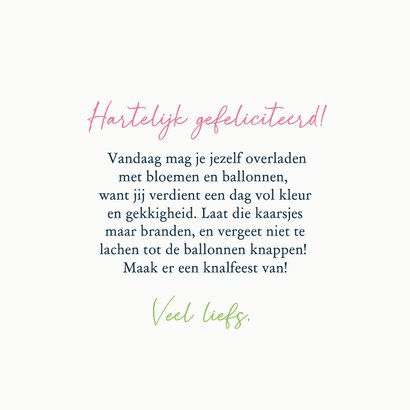 Verjaardagskaart vrolijk fietsende dame bloemen en ballonnen 3