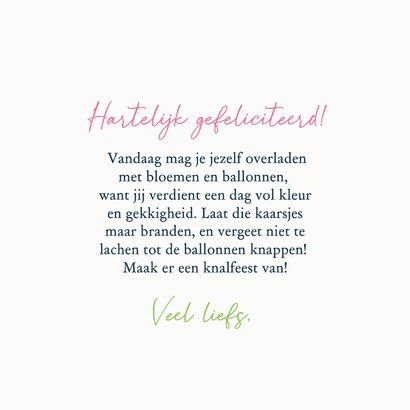 Verjaardagskaart vrolijk fietsende dame bloemen en ballonnen 3