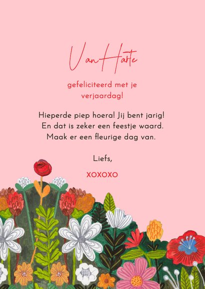 Verjaardagskaart vrolijk fleurig veldbloemen roze 3