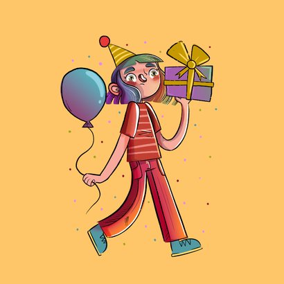 Verjaardagskaart vrolijk meisje met cadeau en ballon 2